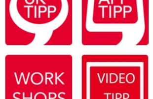Vier rote quadratische Icons mit weißem Text: UK TIPP (mit Sprechblase), APP TIPP (mit Sprechblase), WORK SHOPS und VIDEO TIPP (mit Rahmen) Vier rote quadratische Icons mit weißem Text: UK TIPP (mit Sprechblase), APP TIPP (mit Sprechblase), WORK SHOPS und VIDEO TIPP (mit Rahmen)