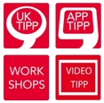 Vier rote quadratische Icons mit weißem Text: UK TIPP (mit Sprechblase), APP TIPP (mit Sprechblase), WORK SHOPS und VIDEO TIPP (mit Rahmen) Vier rote quadratische Icons mit weißem Text: UK TIPP (mit Sprechblase), APP TIPP (mit Sprechblase), WORK SHOPS und VIDEO TIPP (mit Rahmen)