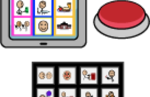 Symbol: verschiedene Hilfsmittel wie ein Taster, Kommunikationsgerät und Tablet PC Symbol: verschiedene Hilfsmittel wie ein Taster, Kommunikationsgerät und Tablet PC